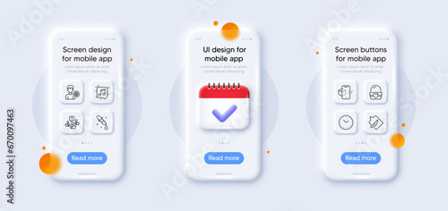 Teamwork question, Musical note and Chemistry pipette line icons pack. 3d phone mockups with calendar. Glass smartphone screen. Ice cream, Support, Time web icon. Vector