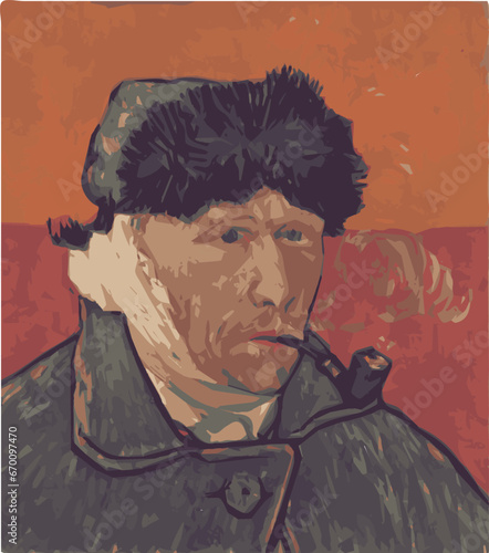 Portrait of Vincent Van Gogh in 1889. Vector in colors Silhouette.
(1853-1890) Dutch post-impressionist painter known for "Starry Night". Mental health struggles influenced his work.