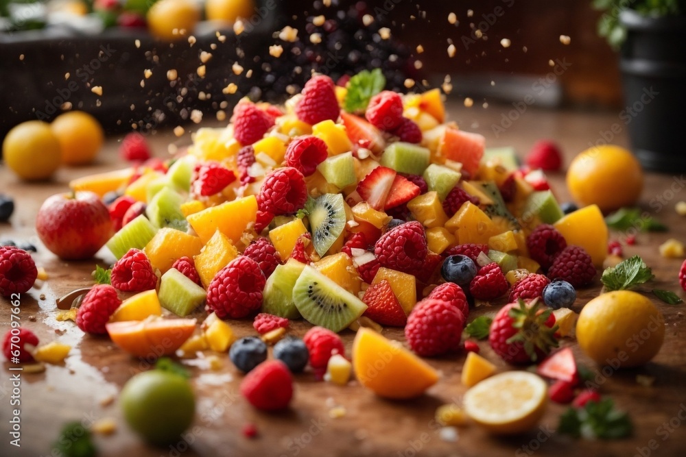 Fruit salad spilling on the floor was a mess of vibrant colors and textures Fruit salad spilling on the floor was a mess of vibrant colors and textures