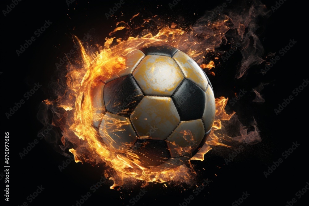 Fototapeta premium Soccer ball with fire bursting through it. Generative AI.