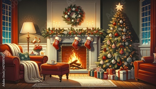  Illustrative depiction of a heartwarming Christmas living room, characterized by a roaring fireplace, a lavishly decorated Christmas tree, and stockings gracefully hung by the mantel. photo
