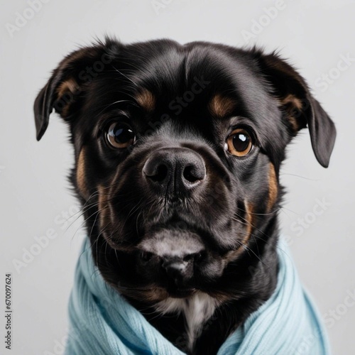 AI illustration of a dog in a blue towel wrapped around his neck photo