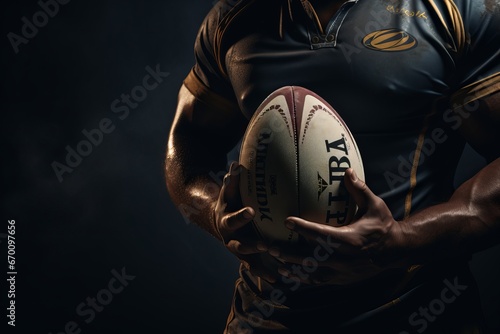 Close-up of rugby player holding ball against rugby stadium under spotlights. Generative AI.