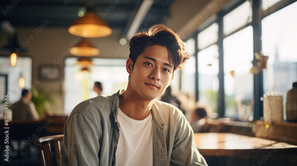 Fototapeta premium Cafe concept, young Chinese man in cafe, handsome Asian young man