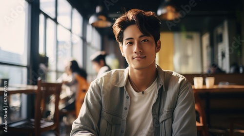  portrait of a man,Happy Asian man in cafe, handsome Asian man concept