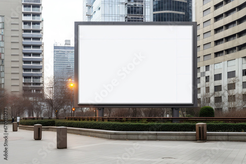 big signboard hanged on a modern building wall in the street with empty white space as mockup banner for advertisement