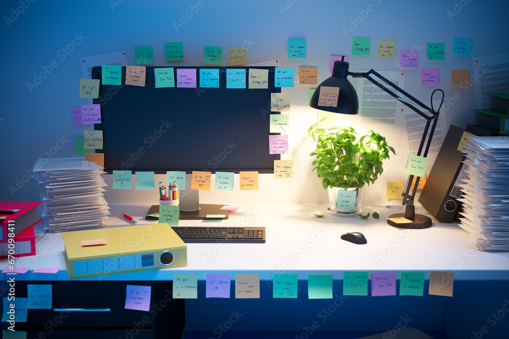 A cluttered desk with scattered papers, notes, and office supplies. Messy work
