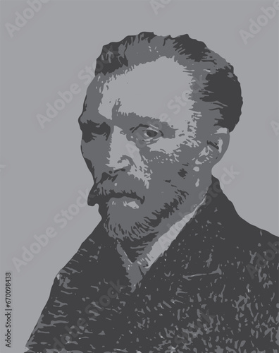 Portrait of Vincent Van Gogh in 1889. Vector 3 colors Silhouette.
(1853-1890) Dutch post-impressionist painter known for "Starry Night". Mental health struggles influenced his work.