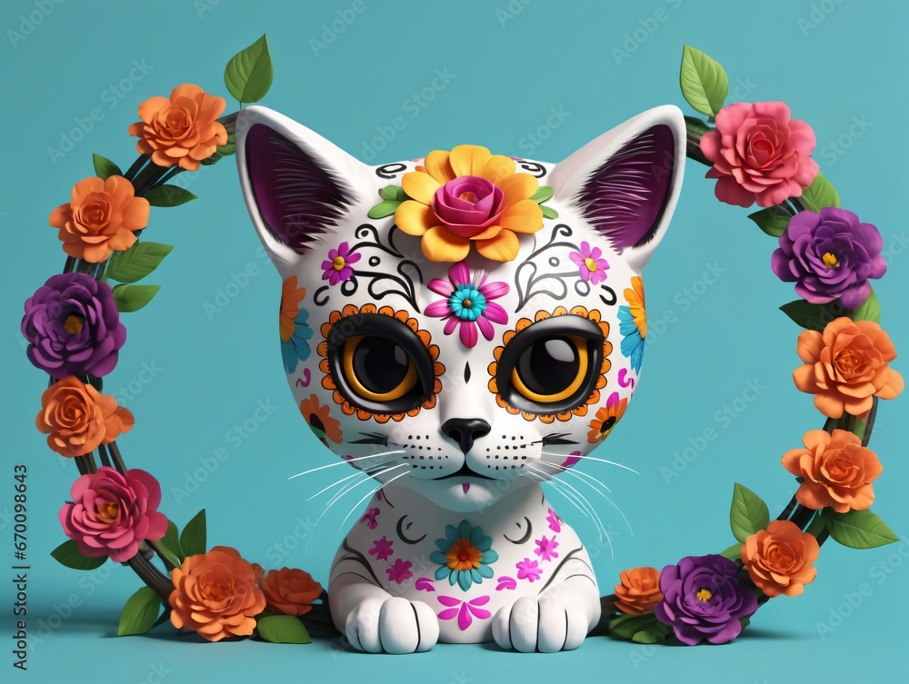 A Cat With Flowers And Leaves Around It
