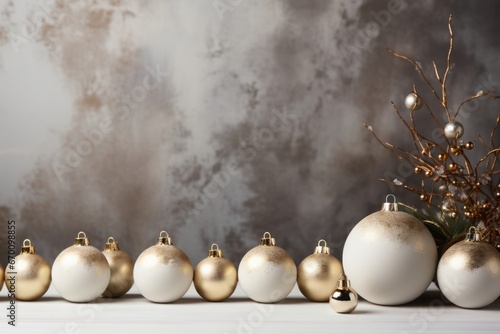 Christmas background with golden white baubles and bokeh lights. Space for text.