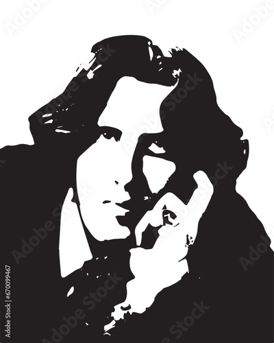 Portrait of Oscar Wilde (1854-1900): Vector in Black and white. Irish playwright, author of "The Picture of Dorian Gray," known for wit and flamboyant style, suffered a scandalous downfall.