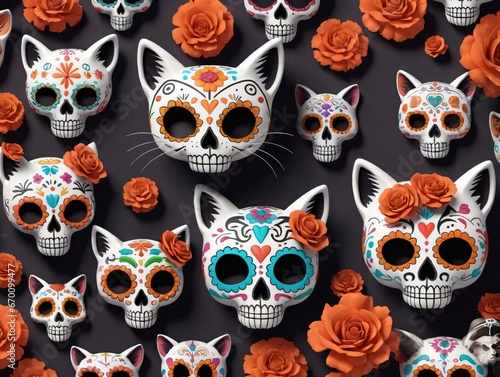 A Bunch Of Skulls With Flowers And Cats