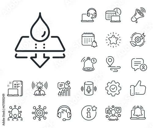 Waterproof sign. Place location, technology and smart speaker outline icons. Water resistant line icon. Drop protection symbol. Water resistant line sign. Influencer, brand ambassador icon. Vector