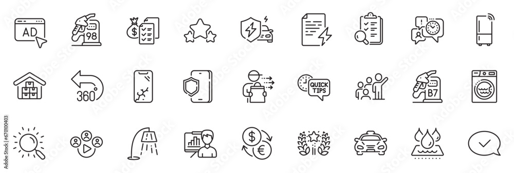 Icons pack as Ad, Power certificate and Accounting wealth line icons for app include Video conference, Time management, Diesel station outline thin icon web set. Stars, Petrol station. Vector