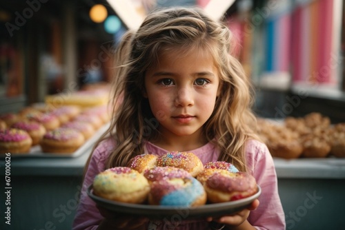 front view little girl holding  colorful  doughntus