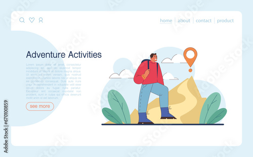 Tourism web banner or landing page. People traveling the world seeing attractions and cultural heritage. Traveler booking a hotel and packing a baggage. Active lifestyle. Flat vector illustration