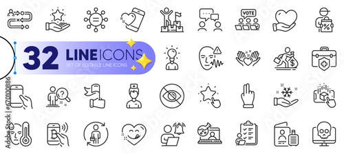 Outline set of Leadership, Bitcoin pay and Doctor line icons for web with People chatting, Volunteer, Cyber attack thin icon. Medical insurance, Not looking, Loyalty program pictogram icon. Vector