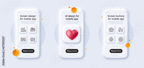 Environment day, Packing boxes and Web report line icons pack. 3d phone mockups with heart. Glass smartphone screen. Luggage trolley, Filling station, Global insurance web icon. Vector