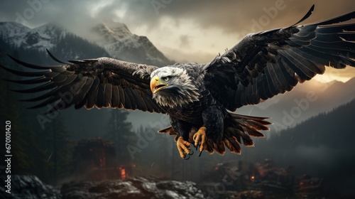  a bald eagle soaring through the air with its wings spread out in front of a mountain range with a dark sky and clouds in the background, while the sun is partially obscured by.  generative ai photo