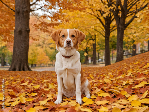 A Dog Sitting In A Pile Of Leaves