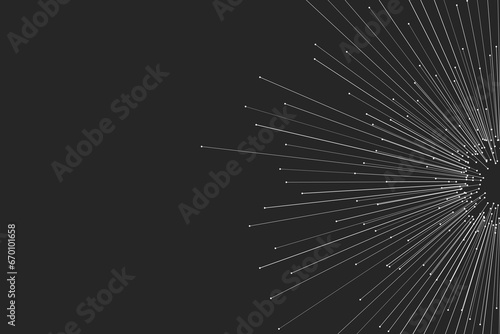 On a dark background, a white circular explosion composed of random vector rays with editable strokes and small circles emanates from a sphere in motion, resembling high-speed lines flying outwards