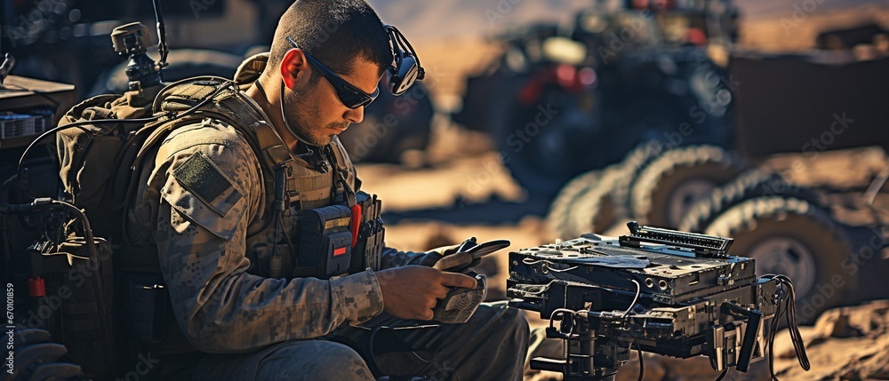Soldier using a robotic drone machine at a mobile military station in the desert. Robotics-assisted smart war concept.