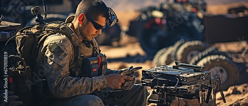 Soldier using a robotic drone machine at a mobile military station in the desert. Robotics-assisted smart war concept. photo