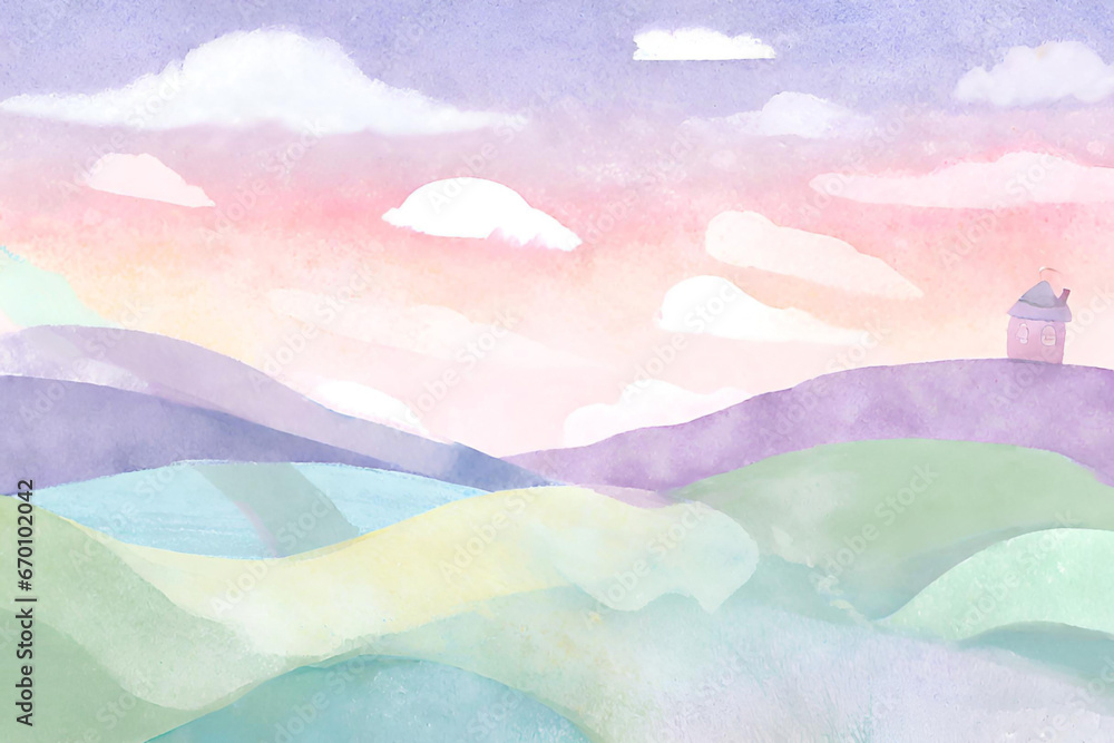Watercolor landscape with mountains, sky and clouds. Hand drawn illustration. Generative AI