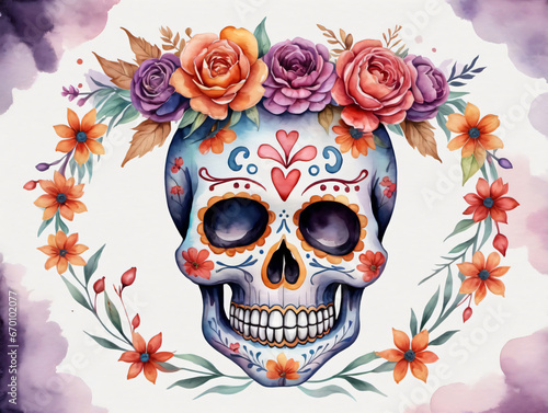 Watercolor Skull With Flowers