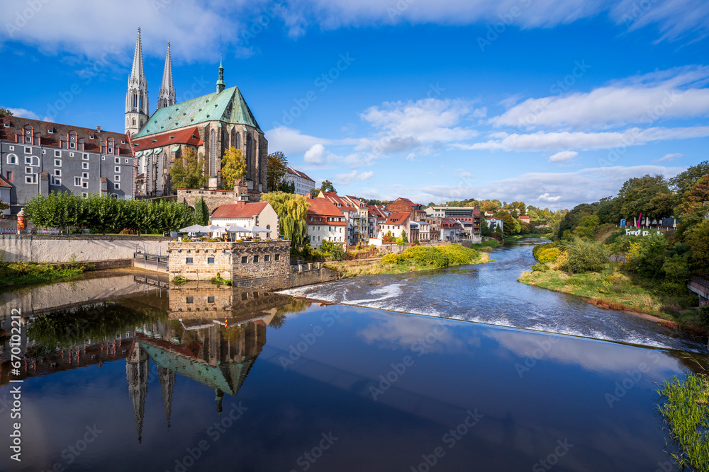 Fototapeta premium Lusatian Neisse River between Zgorzetec City of Poland and Gorlitz City of Germany