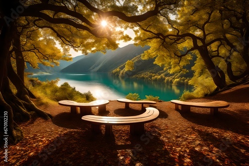 lake view in the sunrise with benchon the green trees amzing view to visit  photo