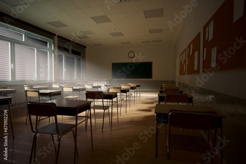 Rays of light falling to the empty classroom. Abandoned school. Disturbing mood © Dabarti