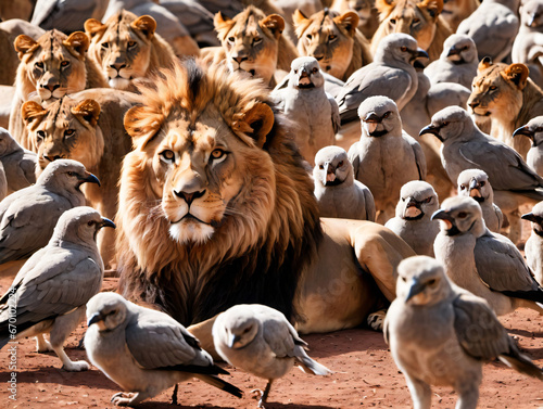 A Lion Surrounded By Many Birds