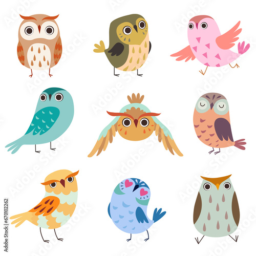 Collection of Cute Owlets  Colorful Adorable Owl Birds Vector Illustration on White Background