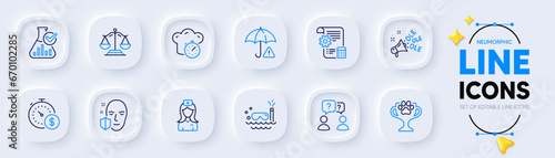 Last minute, Settings blueprint and Scuba diving line icons for web app. Pack of Hospital nurse, Justice scales, Risk management pictogram icons. Teamwork questions, Cooking timer. Vector
