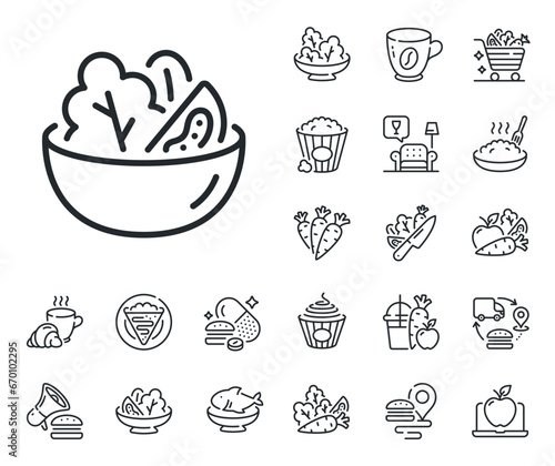 Vegetable food sign. Crepe, sweet popcorn and salad outline icons. Salad line icon. Healthy meal symbol. Salad line sign. Pasta spaghetti, fresh juice icon. Supply chain. Vector