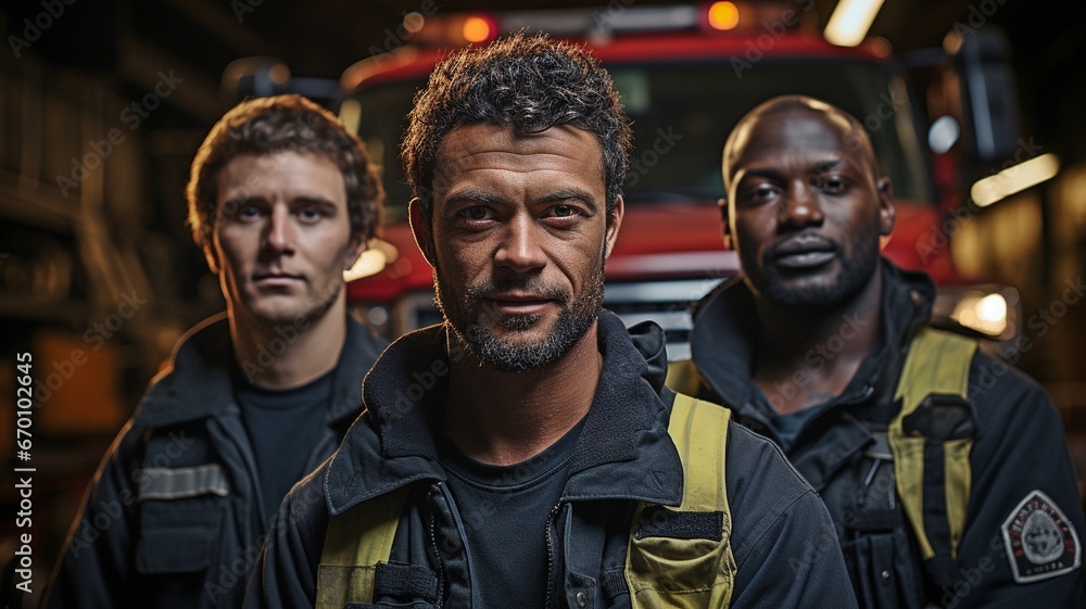 Fototapeta premium An image of firefighters waiting outside of a fire engine .