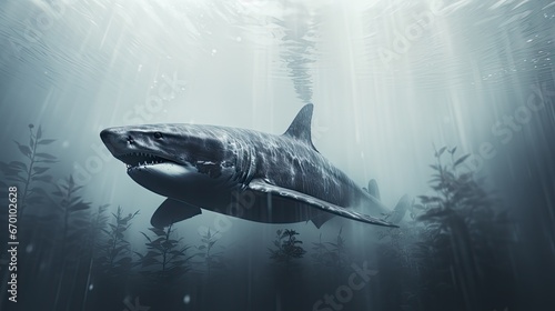  a great white shark swims through the water with a large amount of light coming from the bottom of the water and the bottom of the water infloor.  generative ai photo