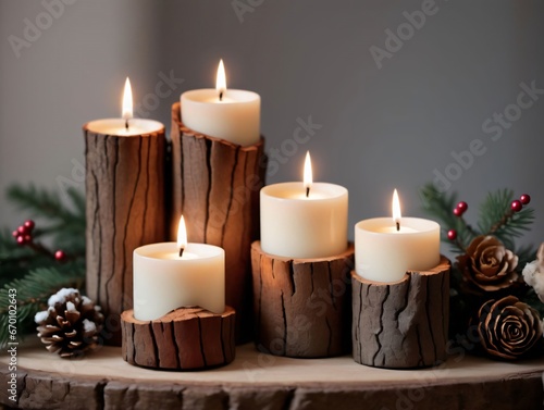 A Group Of Candles Sitting On Top Of A Wooden Table