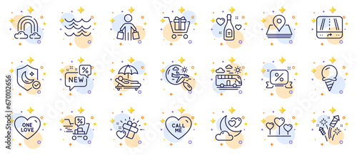 Outline set of Love night, Call me and Gps line icons for web app. Include Love gift, New, Bus travel pictogram icons. Search flight, Discounts cart, Ice cream signs. Rainbow, Buyer, Guard. Vector