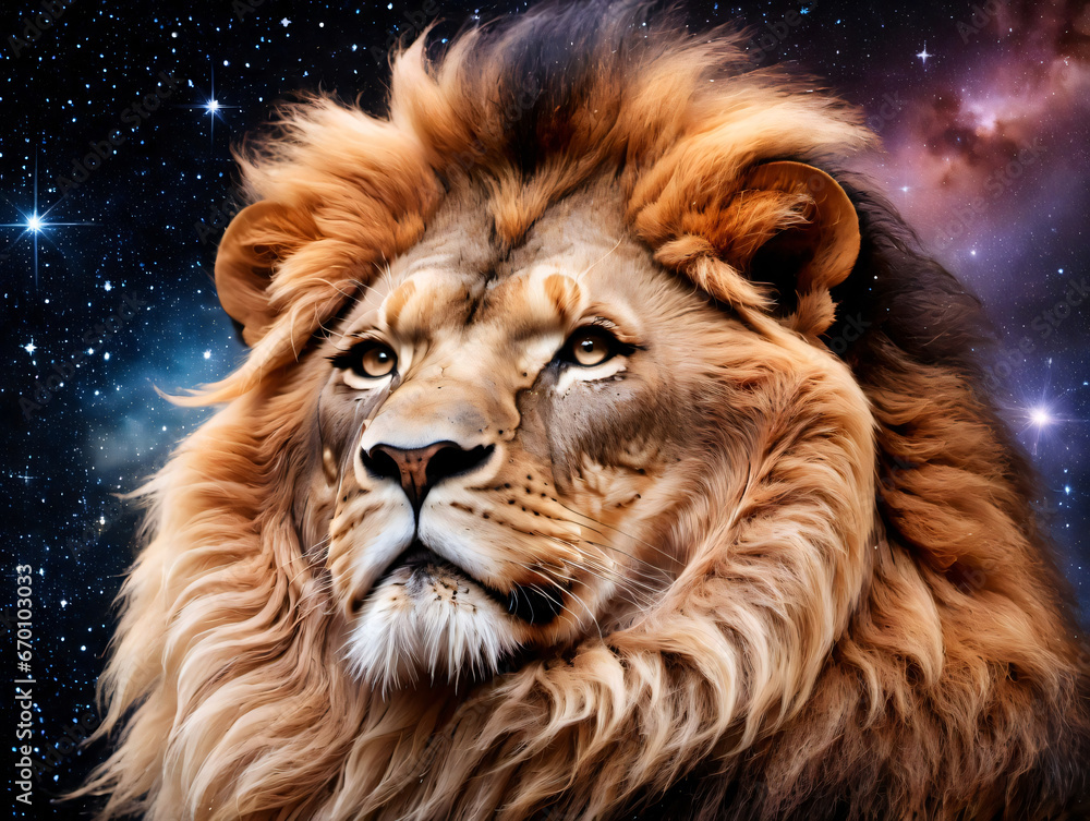 A Lion With A Big Mane And A Starr Background