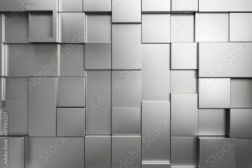 Luxurious wall made of arranged 3D silver tiles on a glossy rectangular background. Rendered in 3D. Generative AI