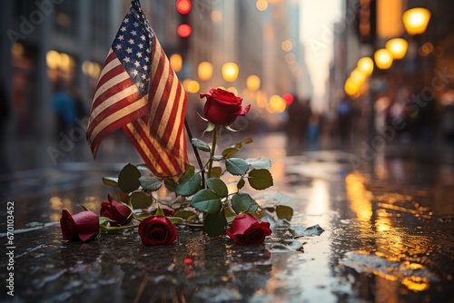 American flag and rose at the 911 memorial world trade center, New York