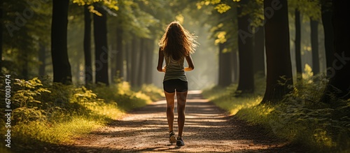 A woman runs on a trail on a sunny morning on a forest road. against the direction of sunlight photo