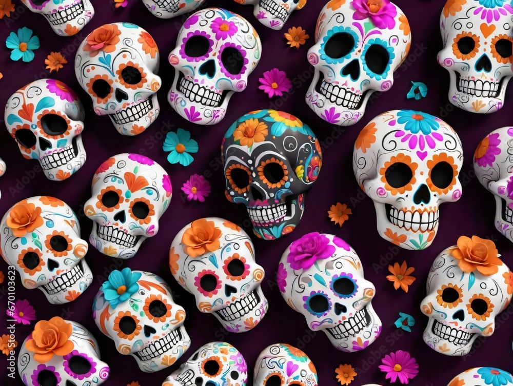 Colorful Skulls And Flowers Seamless Background