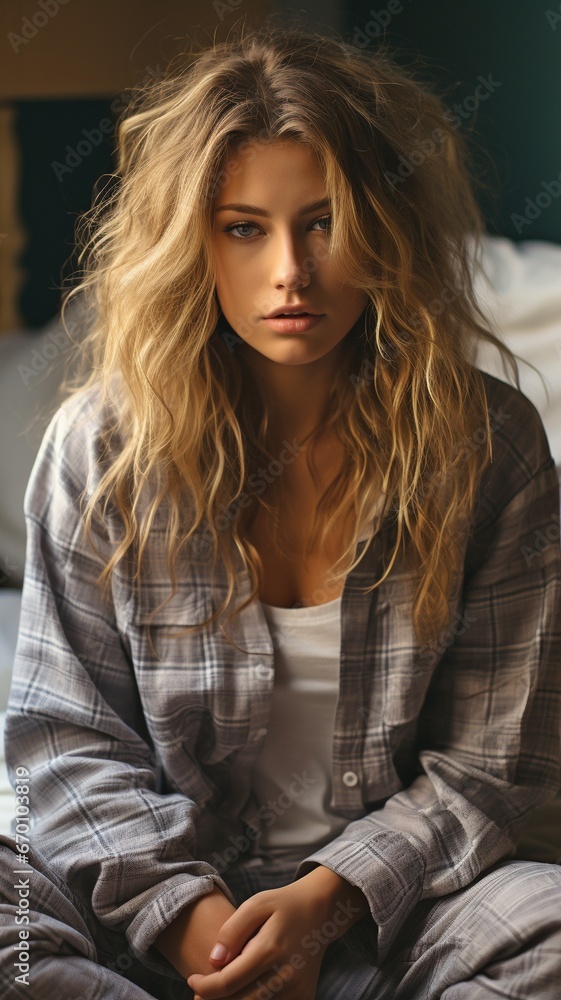 Fototapeta premium Depressed Woman Wearing Pyjamas While Sitting in Bed.