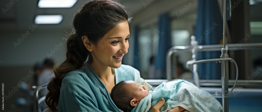 In the hospital maternity ward, a young, radiant Indian mother is holding a newborn baby.. - obrazy, fototapety, plakaty 