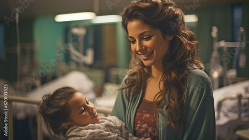 In the hospital maternity ward, a young, radiant Indian mother is holding a newborn baby..