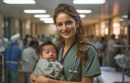 In the hospital maternity ward, a young, radiant Indian mother is holding a newborn baby.. photo