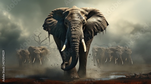  a herd of elephants standing on top of a dry grass field next to a body of water with trees on the other side of the field and dark clouds in the background.  generative ai © Oleg